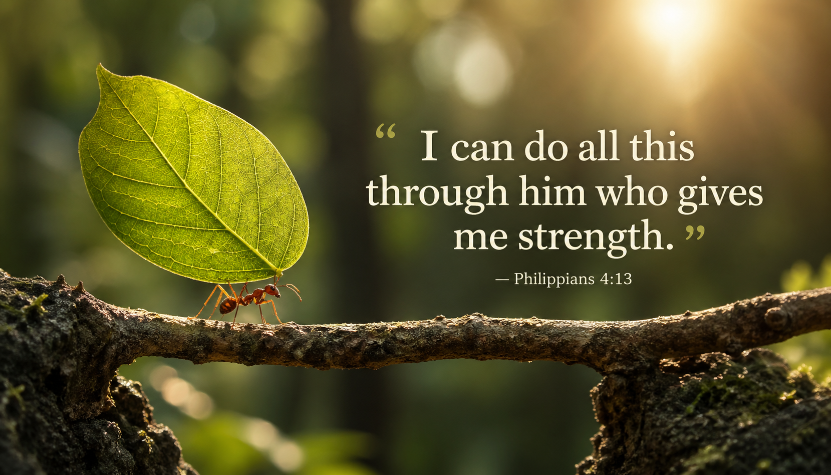 Bible verse wallpaper Philippians 4:13 with single ant carrying leaf ten times its size across twig bridge in warm forest light